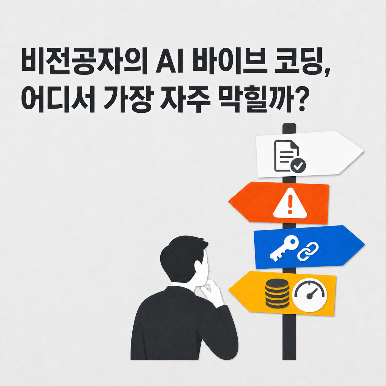 AI 바이브 코딩에서 막히는 지점을 나타낸 표지판과 사람