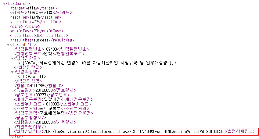 Law list search API result example in the official Law Open Data OPEN API manual